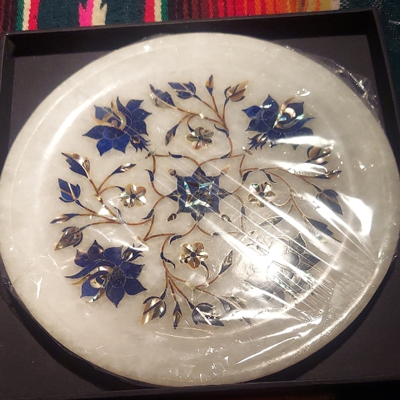 6x6 Marble Plate Lapis Lazuli Pauashell Inlay Semi Precious Kitchen Decor Gift
